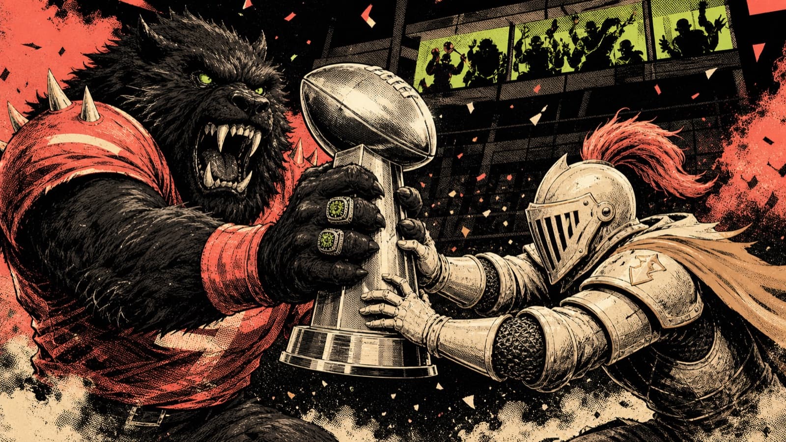 A black beast mascot and an armored rival fight for a silver football trophy in a coral-and-black stadium.