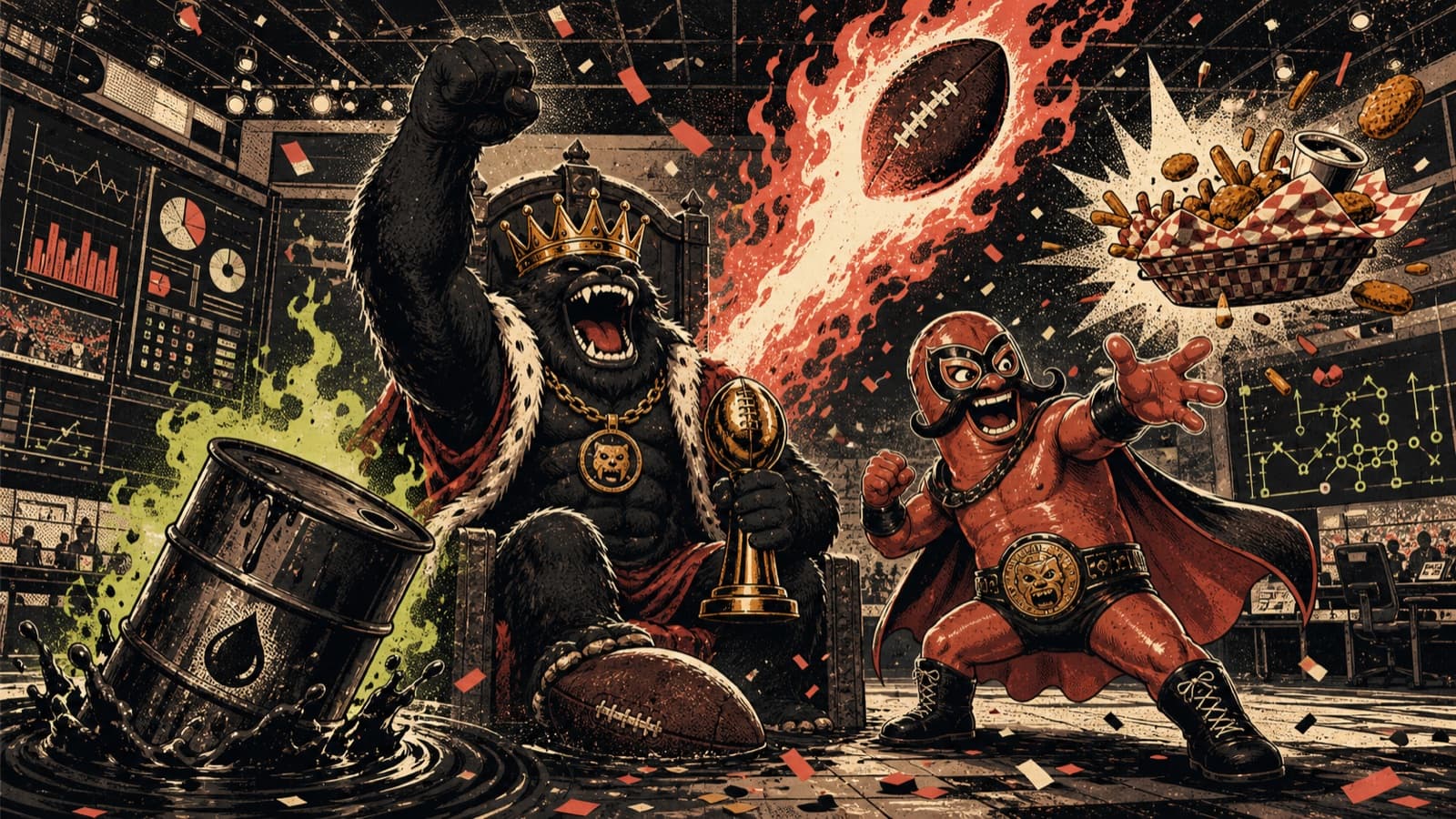 A crowned beast, flaming football, sinking oil barrel, and chorizo wrestler depict the extremes of the 2025 season.