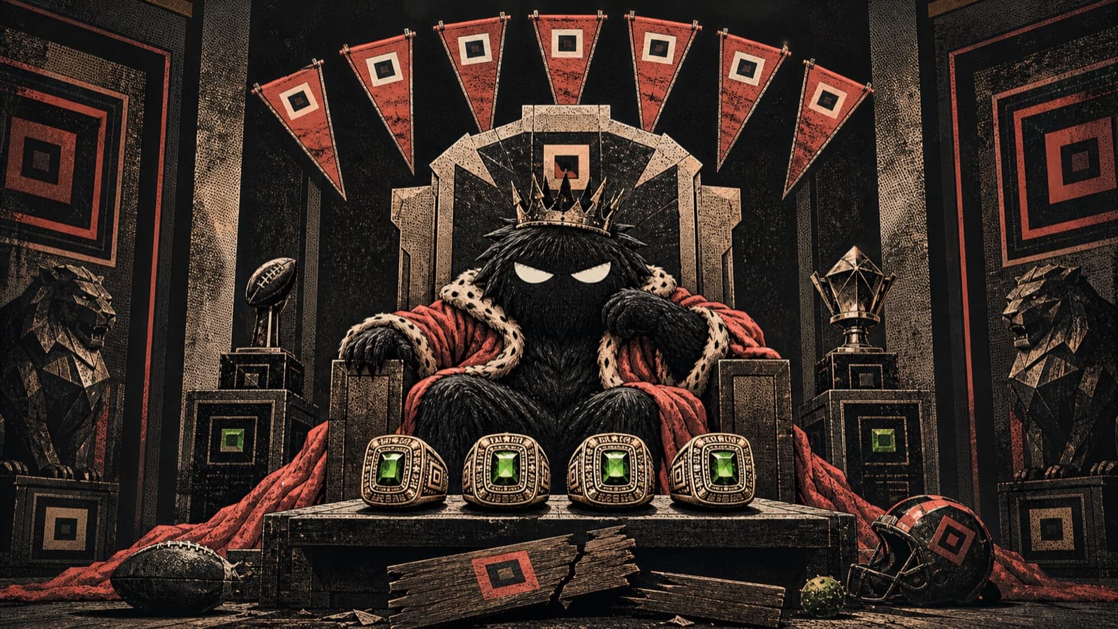 The BEAST mascot sits on a hall-of-champions throne behind four green-gem championship rings.