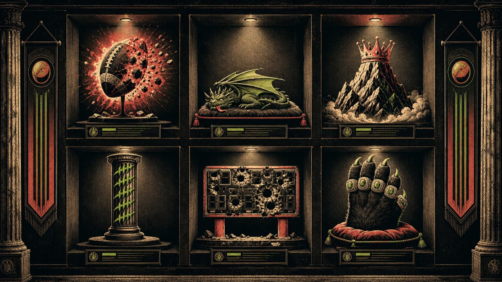Six strange BakaBois record artifacts fill a dark hall of records, including a dragon, points mountain, and four-ring beast paw.