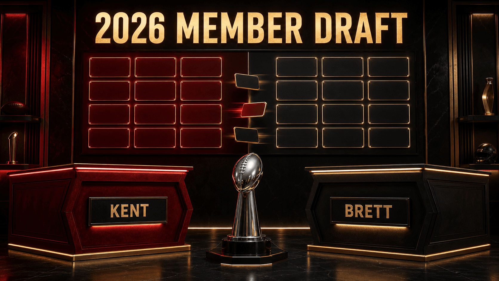 A cinematic 2026 member draft room with Kent and Brett at opposing podiums, a silver football trophy between them and two 12-slot boards behind them.