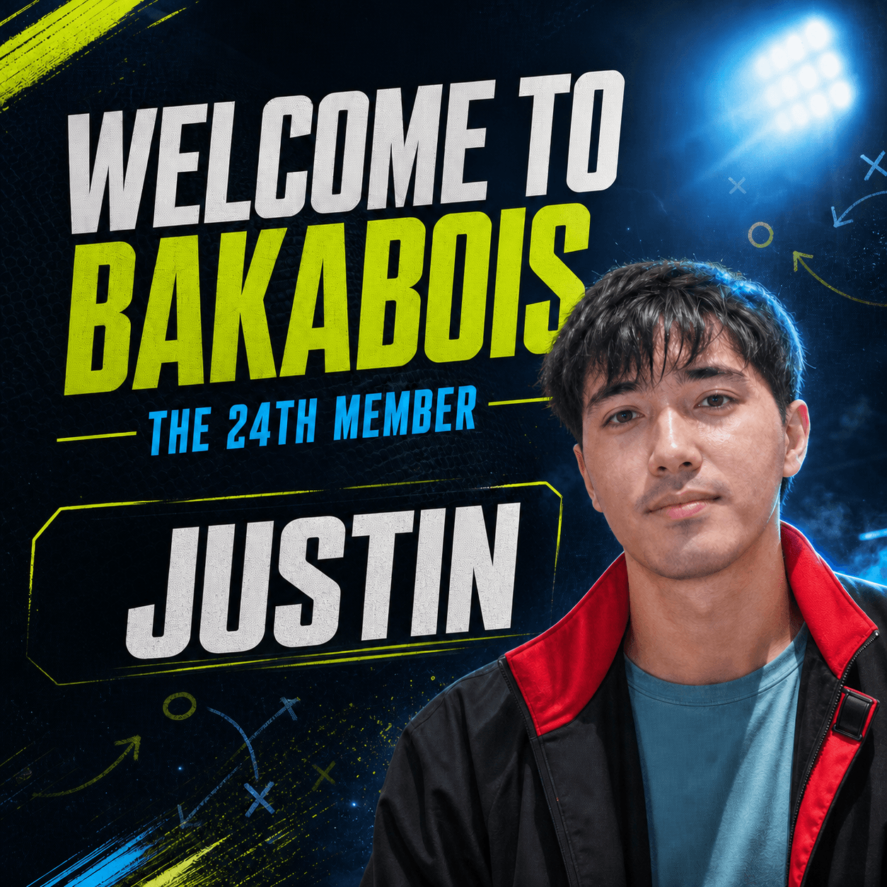 Welcome graphic announcing Justin as BakaBois member 24