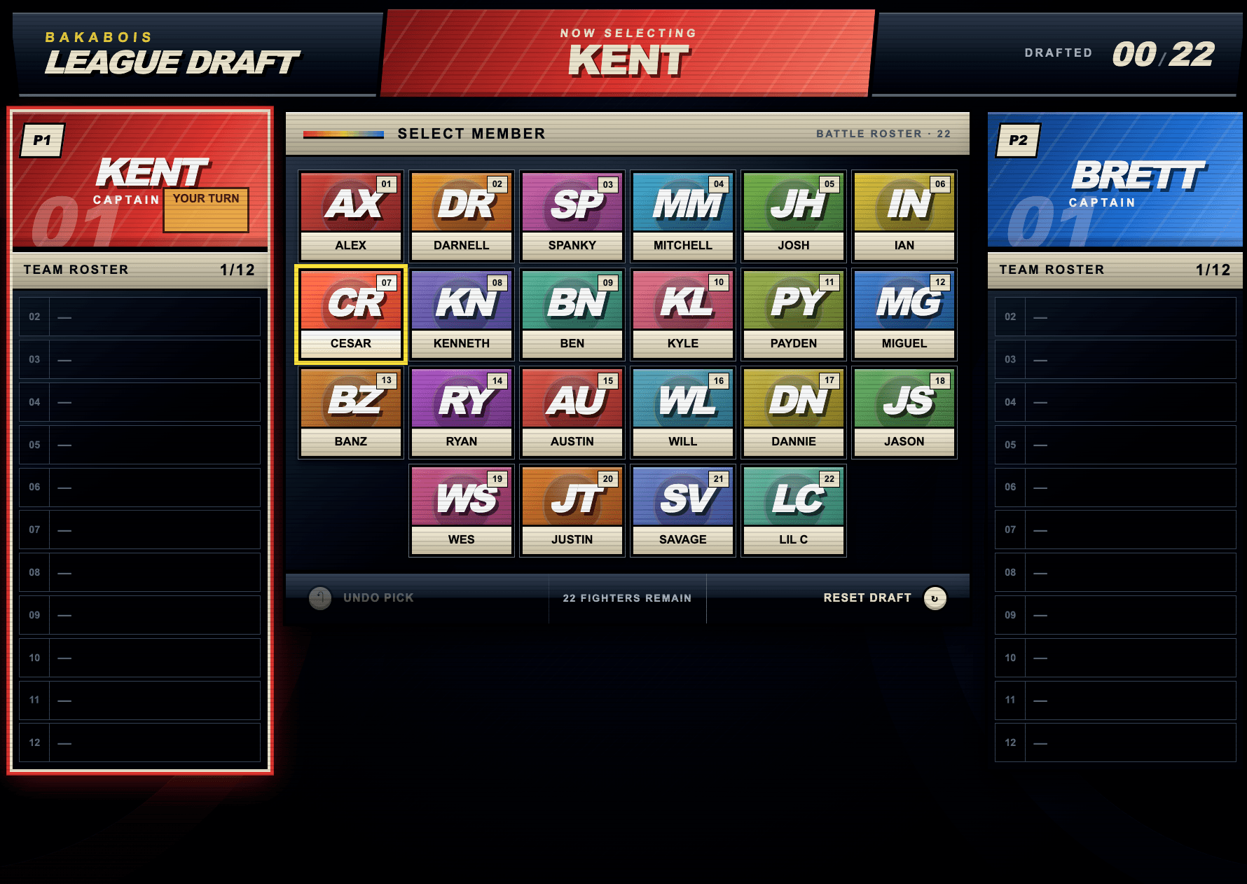 BakaBois league member draft screen showing Kent on the clock with 22 members remaining