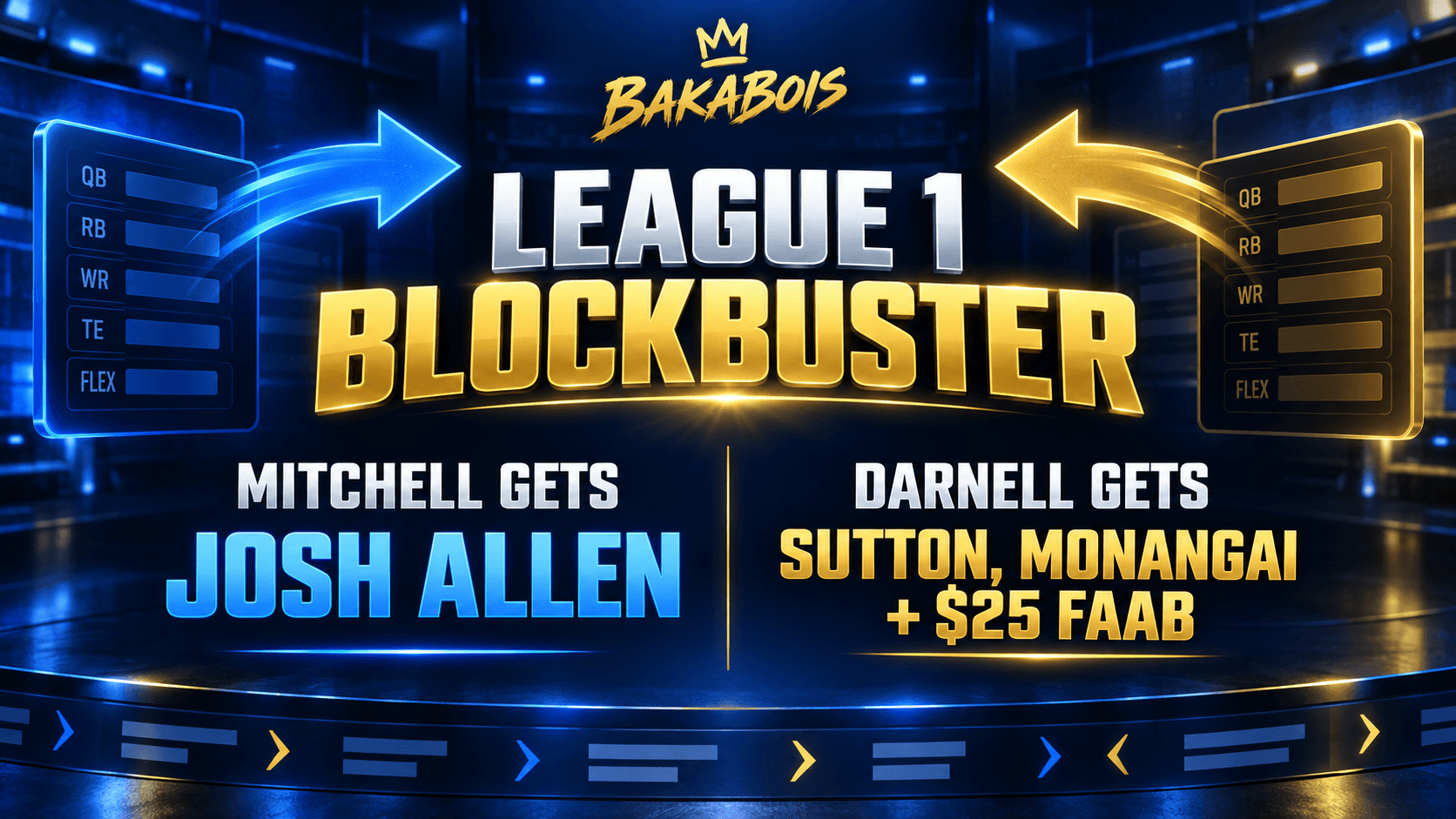 BakaBois League 1 trade graphic showing Mitchell receiving Allen and Darnell receiving Sutton, Monangai and $25 FAAB.
