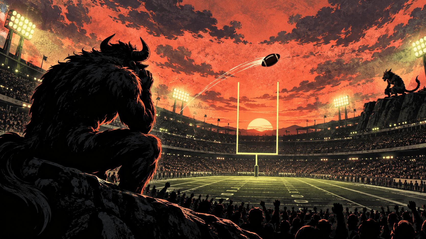 An illustrated fantasy-league beast watches a football approach floodlit goalposts, capturing the tension before Monday night.