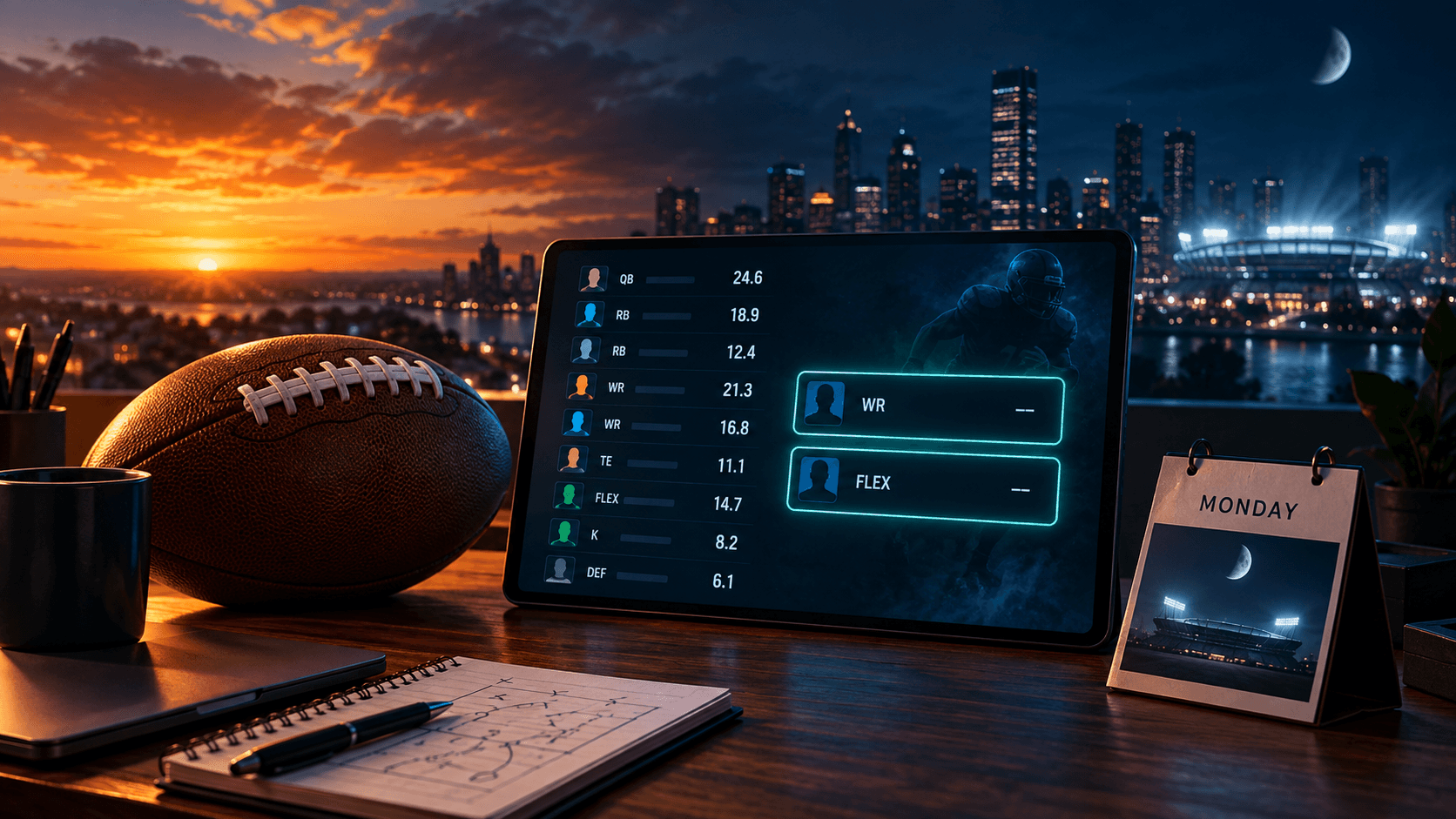 Landscape fantasy-football desk scene at sunset with a glowing lineup tablet, two empty cyan lineup slots, a football and a Monday calendar card.