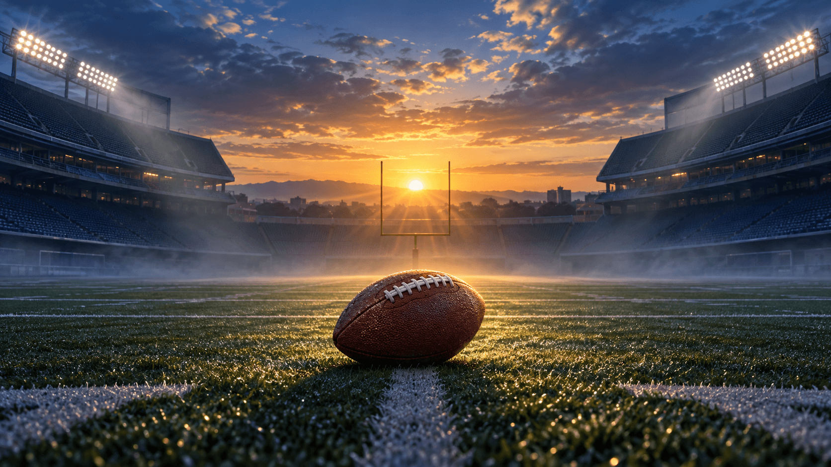 A football rests on an empty stadium field at dawn beneath blue sky, warm golden light and fading stadium lamps.