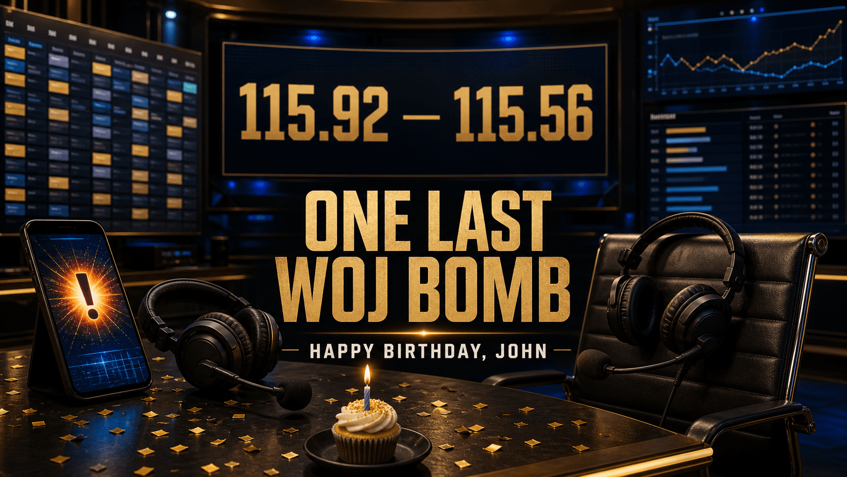 A dark navy and gold fantasy-football news desk with two headsets, a glowing alert phone, birthday cupcake, and scoreboard reading 115.92–115.56.