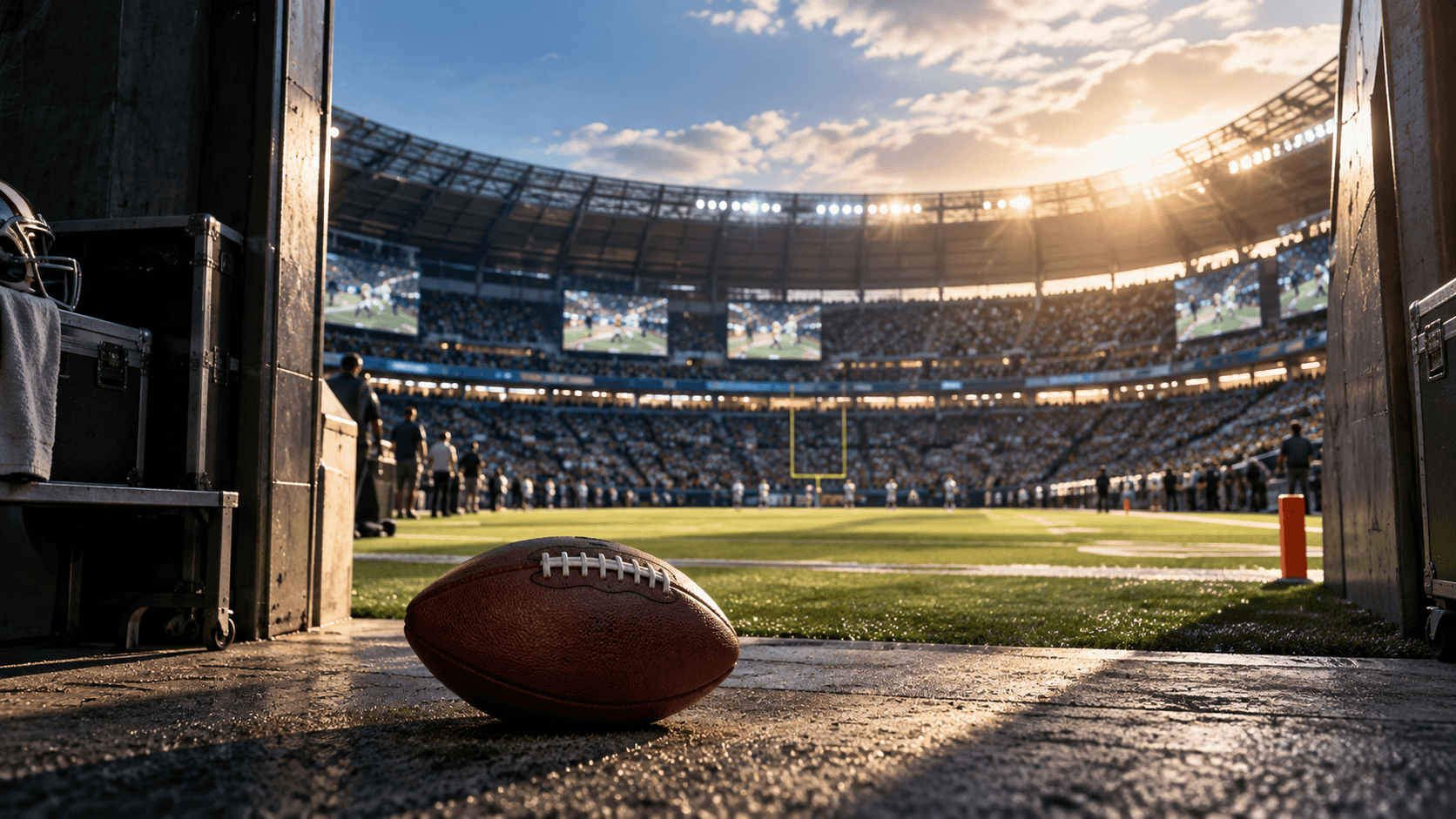 A football rests at the mouth of a stadium tunnel with the sunlit field and several blurred video boards beyond it.