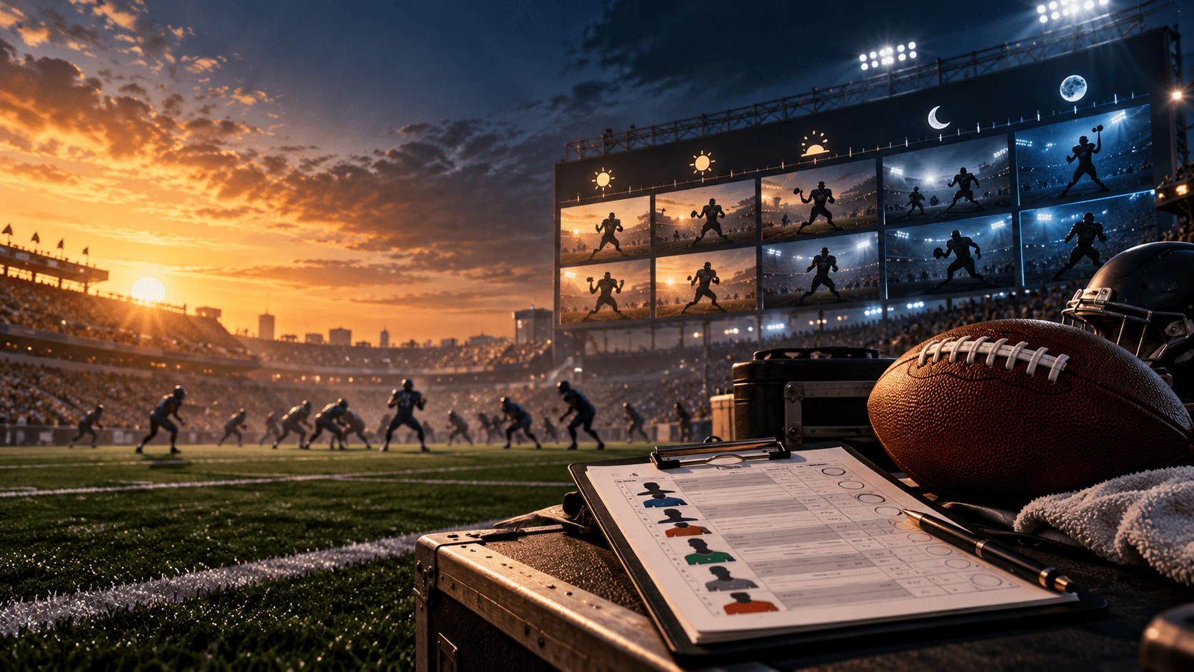 A football and fantasy lineup clipboard on a stadium sideline, with a full field and a dawn-to-night bank of game screens behind it.