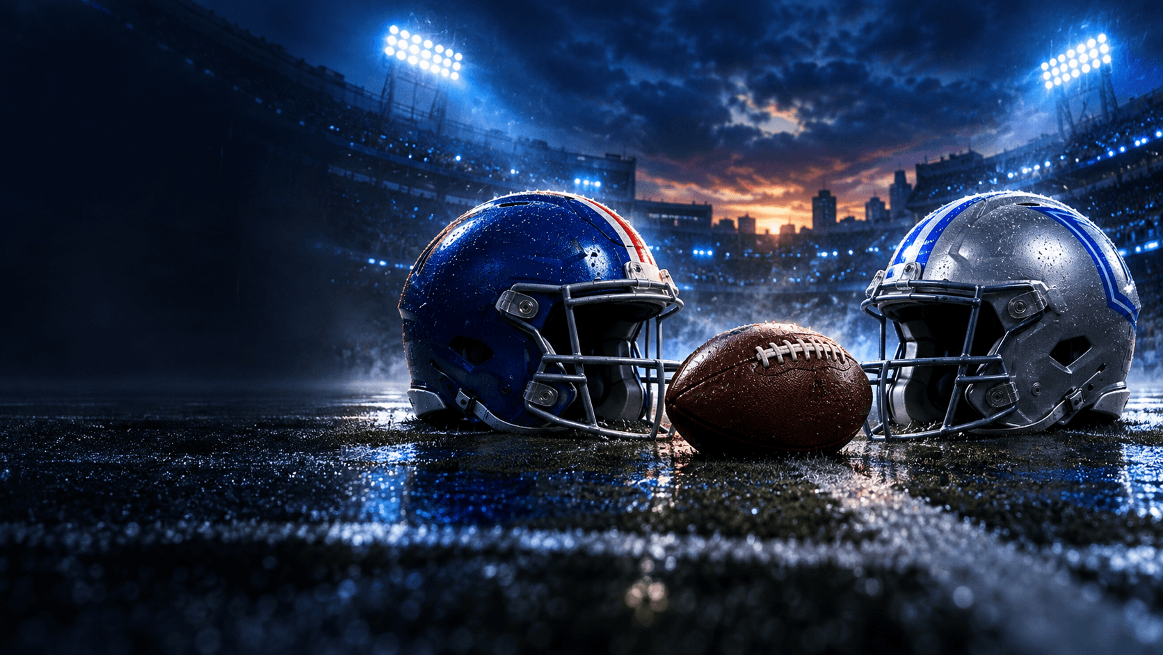 Cinematic pregame football scene with two blue-toned helmets facing each other beside a football on wet turf under bright stadium lights.