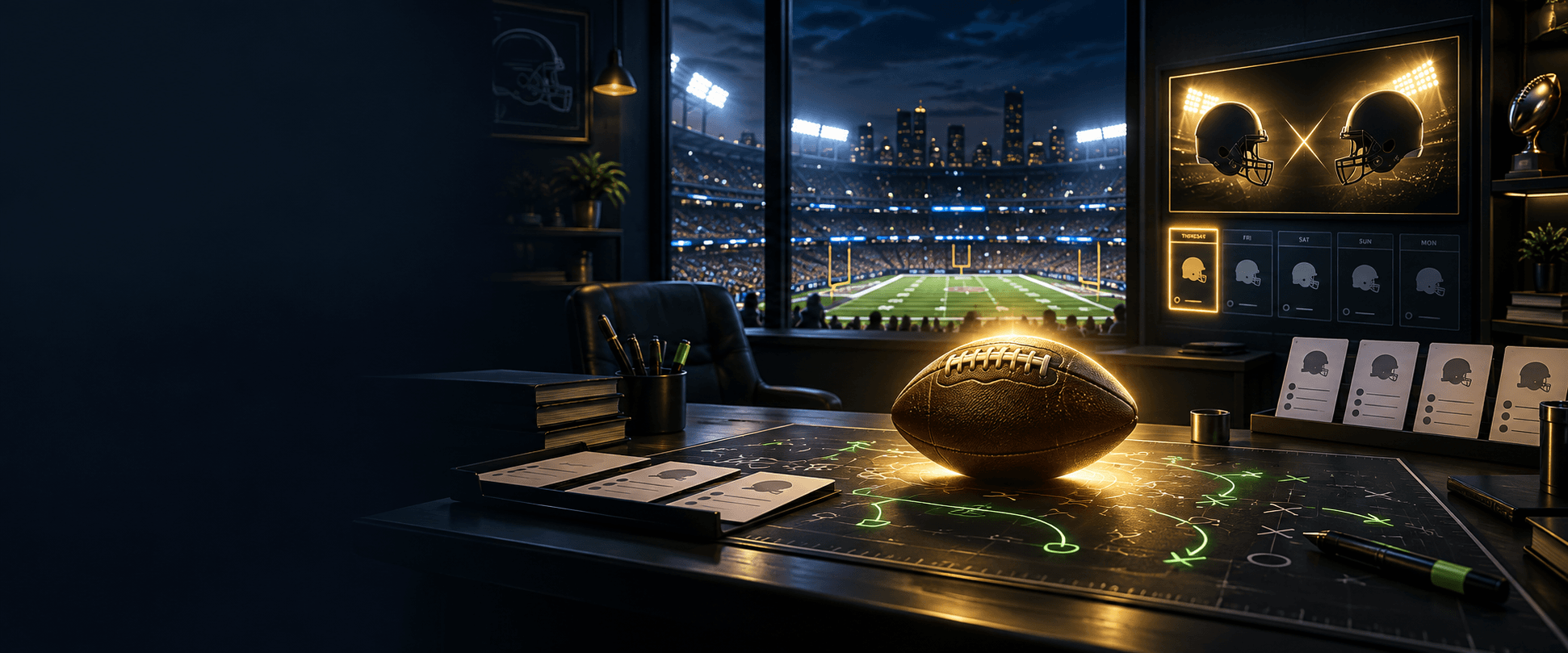 Landscape editorial illustration of a glowing football on a strategy board in a dark room overlooking a lit stadium, with abstract lineup cards and a Thursday-night spotlight.