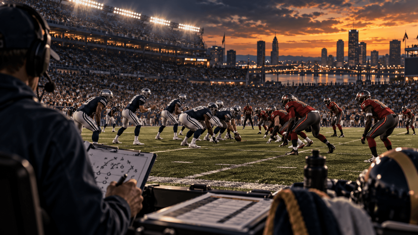 Generic American football teams line up under stadium lights at dusk, with a coach and play sheet in the foreground.