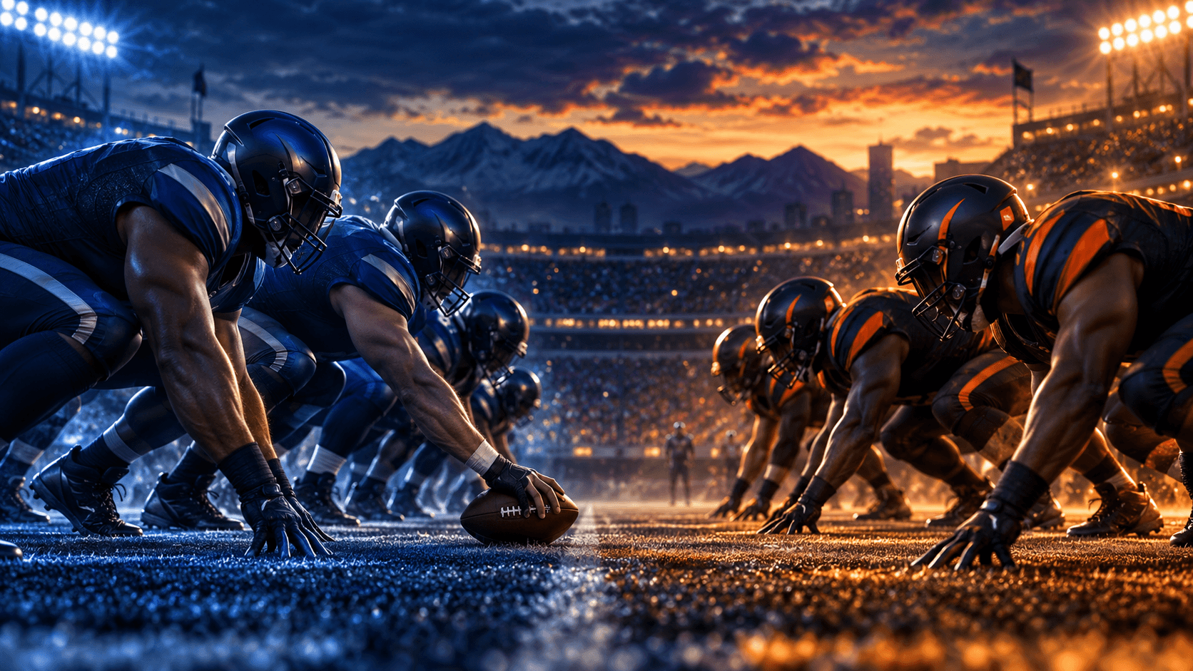 Illustrated blue-versus-orange American football line of scrimmage under stadium lights at dusk, representing the Thursday Seattle–Denver opener without team logos.
