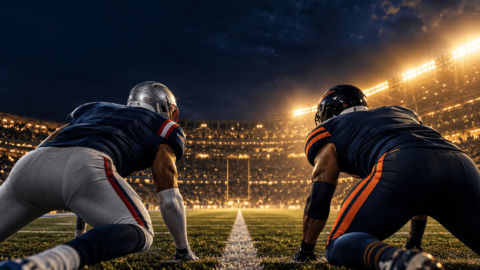Two anonymous football players in navy uniforms face each other at the line of scrimmage in a gold-lit night stadium.