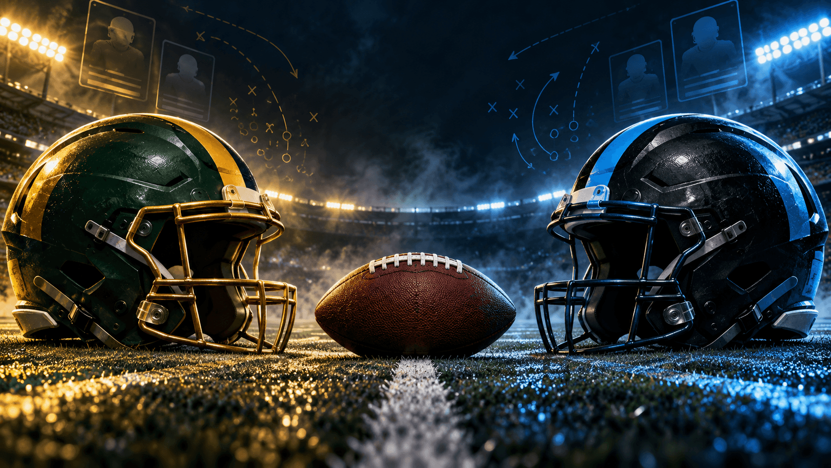 Green-and-gold and Carolina-blue football helmets facing across a ball under stadium lights, with faint fantasy roster cards and play diagrams.