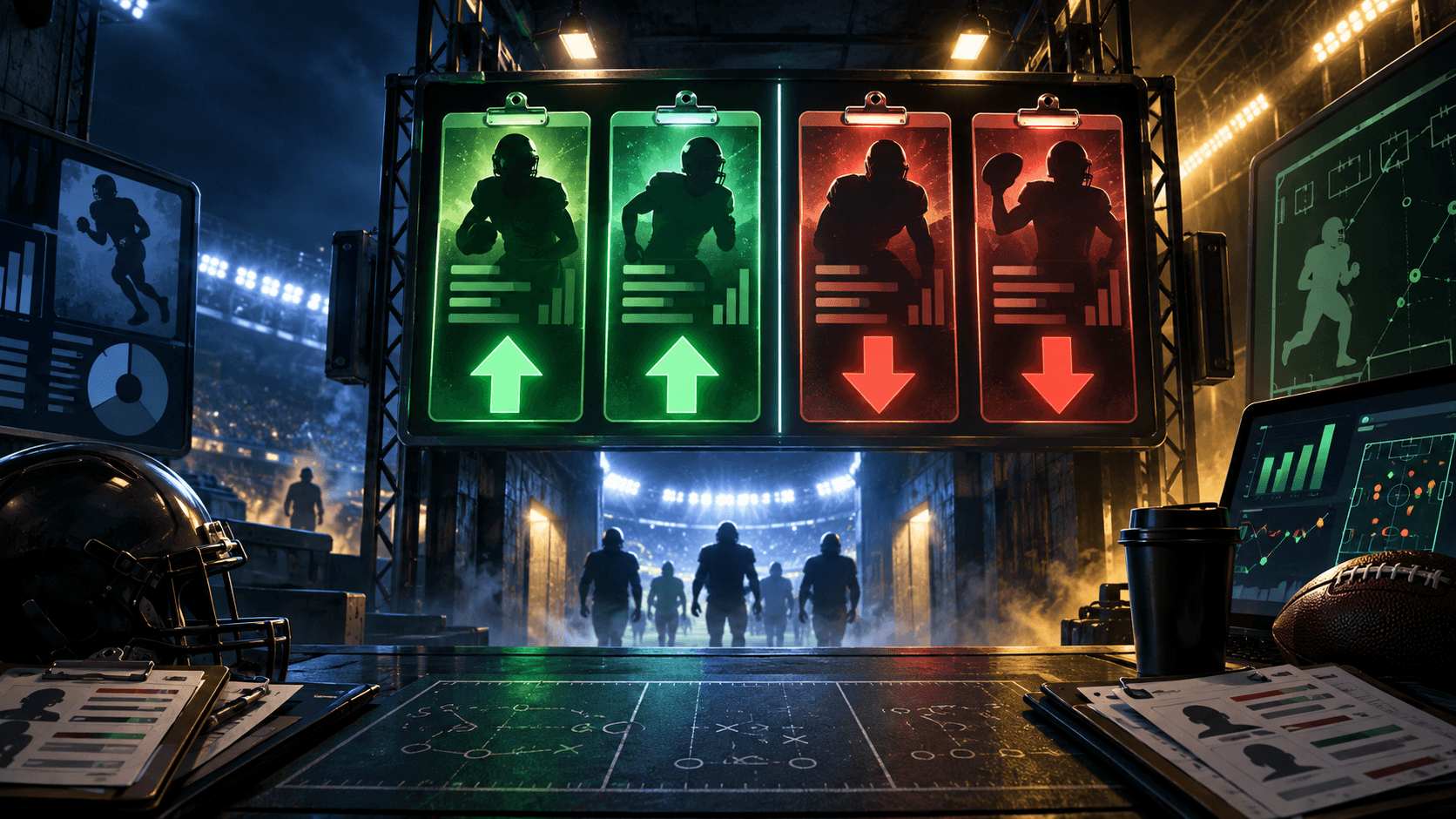 Cinematic fantasy football transaction board in a stadium tunnel, with two green upward roster arrows and two red downward arrows over football analytics panels.