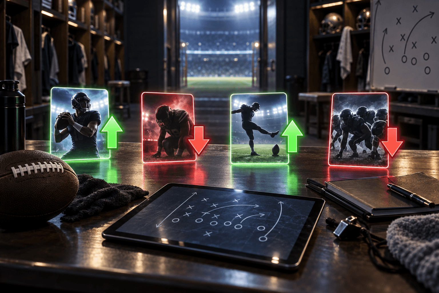 Cinematic football locker-room strategy table with four glowing roster cards, green add arrows, red drop arrows, a football, and stadium lights in the background.