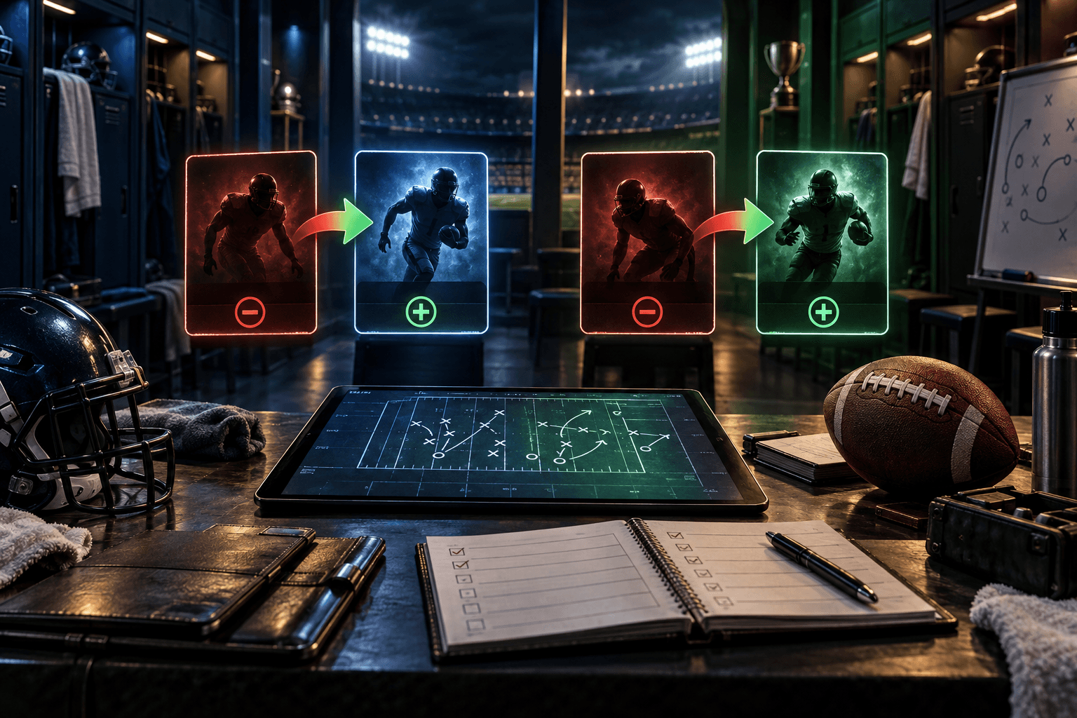 Cinematic football locker-room strategy table with four glowing roster cards, green add arrows, red drop arrows, a football, and stadium lights in the background.
