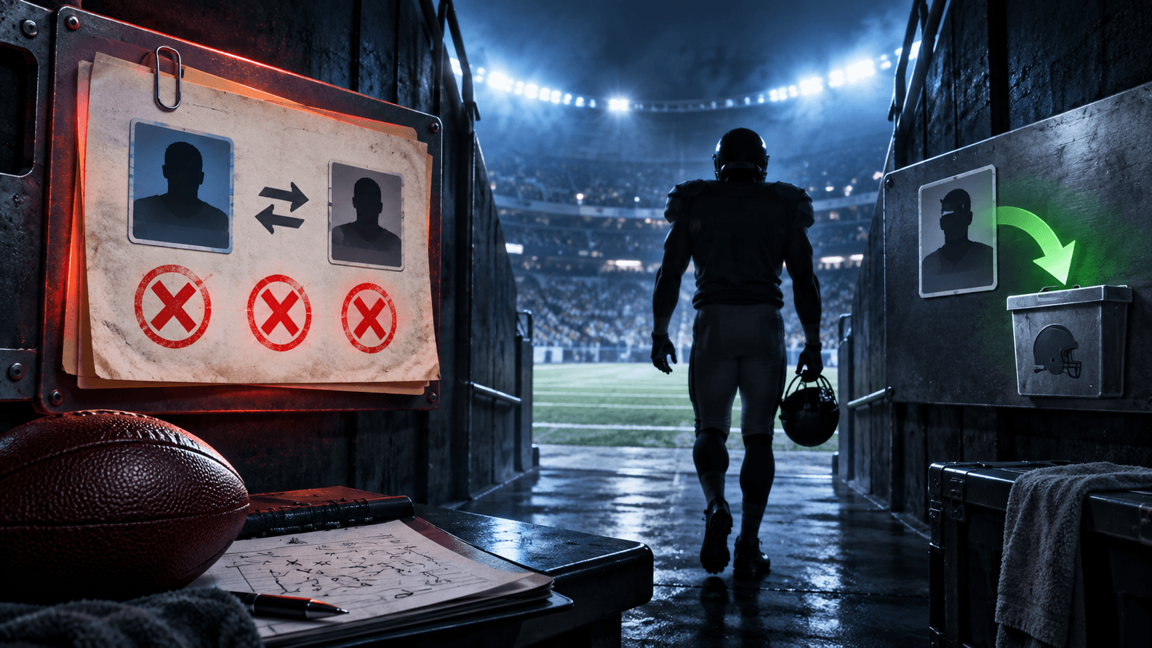 Cinematic stadium tunnel with a proposal board marked by three red veto symbols and a separate green roster-drop arrow, with no player or team names shown.