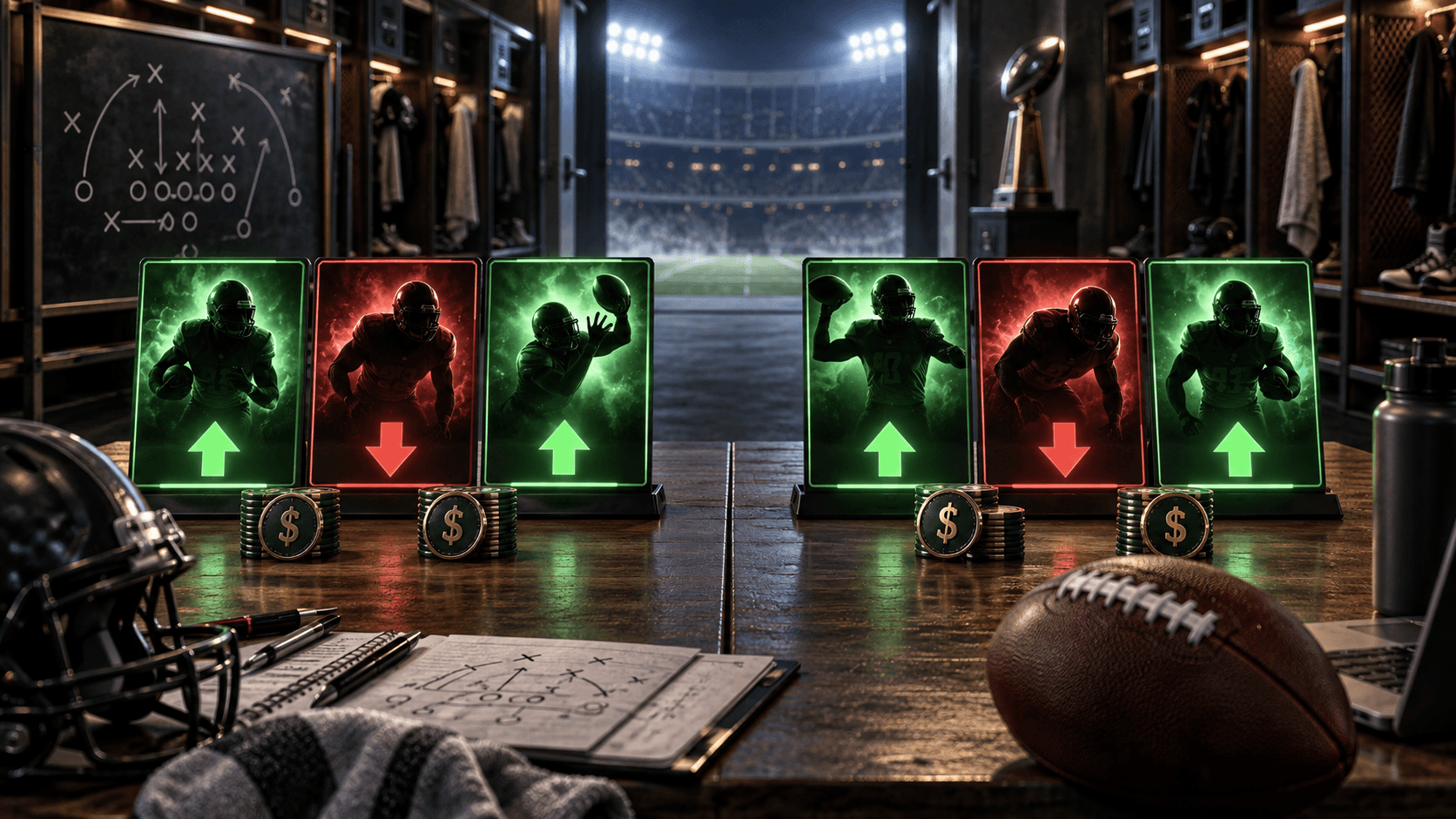 Landscape fantasy-football locker-room strategy table with six glowing roster cards, green add arrows, red drop arrows, FAAB coins and a football under stadium lights.