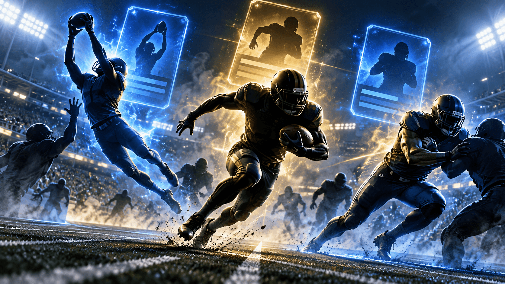Dramatic editorial football scene with three silhouetted players running beneath glowing blue and gold waiver-card shapes in a stadium at night.