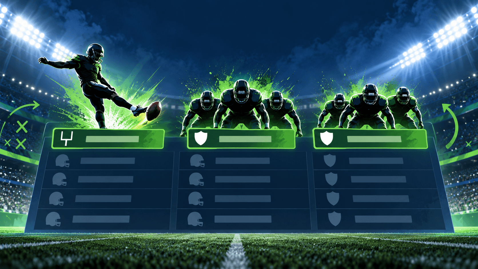 Illustrated football roster board under stadium lights, highlighting a kicker and two defensive units in green panels.