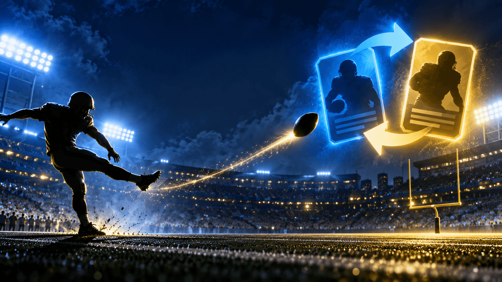 Editorial night football stadium with a kicker silhouette and glowing blue-and-gold player-card swap symbols above the field.