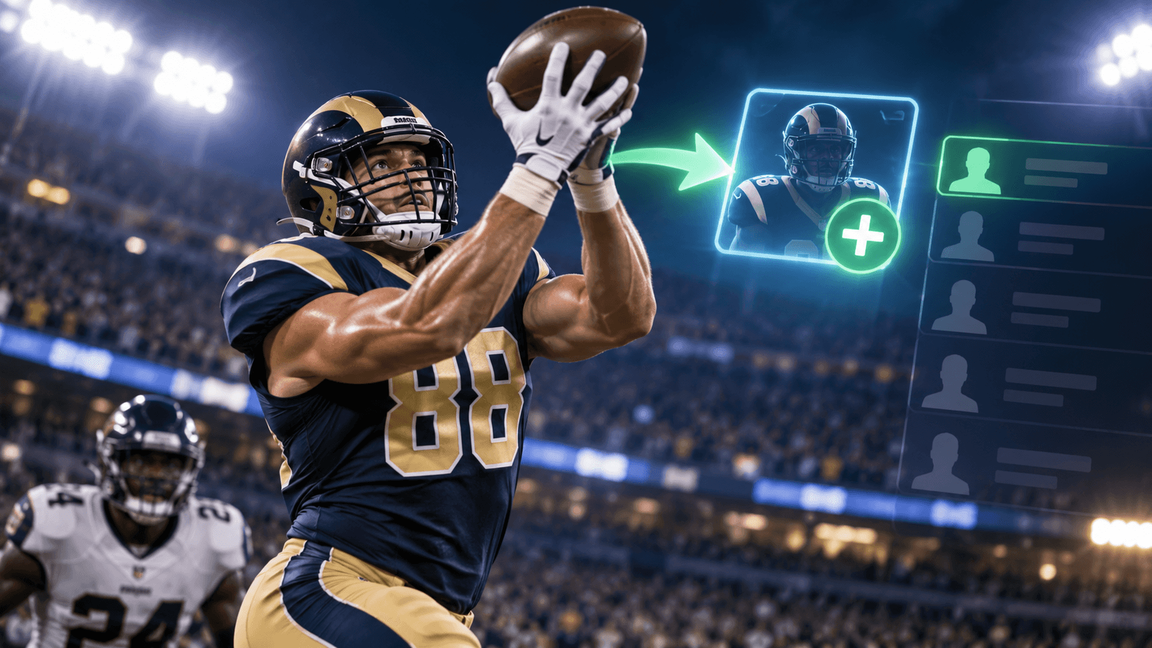Editorial football scene showing a tight end catching a pass under stadium lights beside a glowing, text-free roster-add interface.