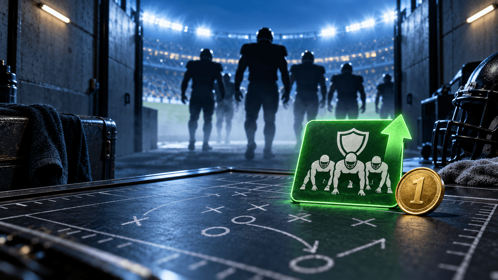 Cinematic football strategy board showing a highlighted green defensive unit card, an upward arrow and a gold one-dollar coin under stadium lights.