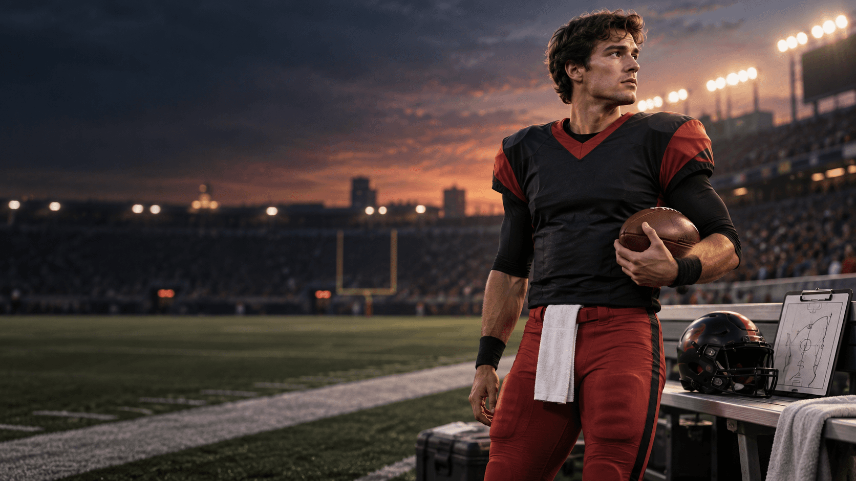 Text-free editorial football illustration of a quarterback holding a ball beside a helmet and clipboard on a stadium sideline at dusk.