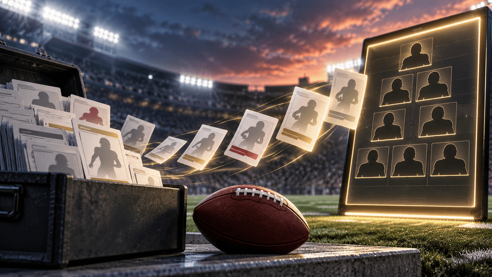 Text-free editorial football illustration of waiver cards flowing from a file box toward a glowing lineup board on a stadium sideline at dusk.