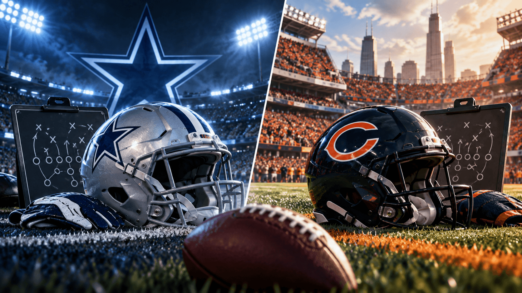 A split editorial football illustration shows a blue defense helmet and play board under night lights on the left, and a navy-and-orange defense helmet and play board in a sunlit stadium on the right, with a football in the foreground.