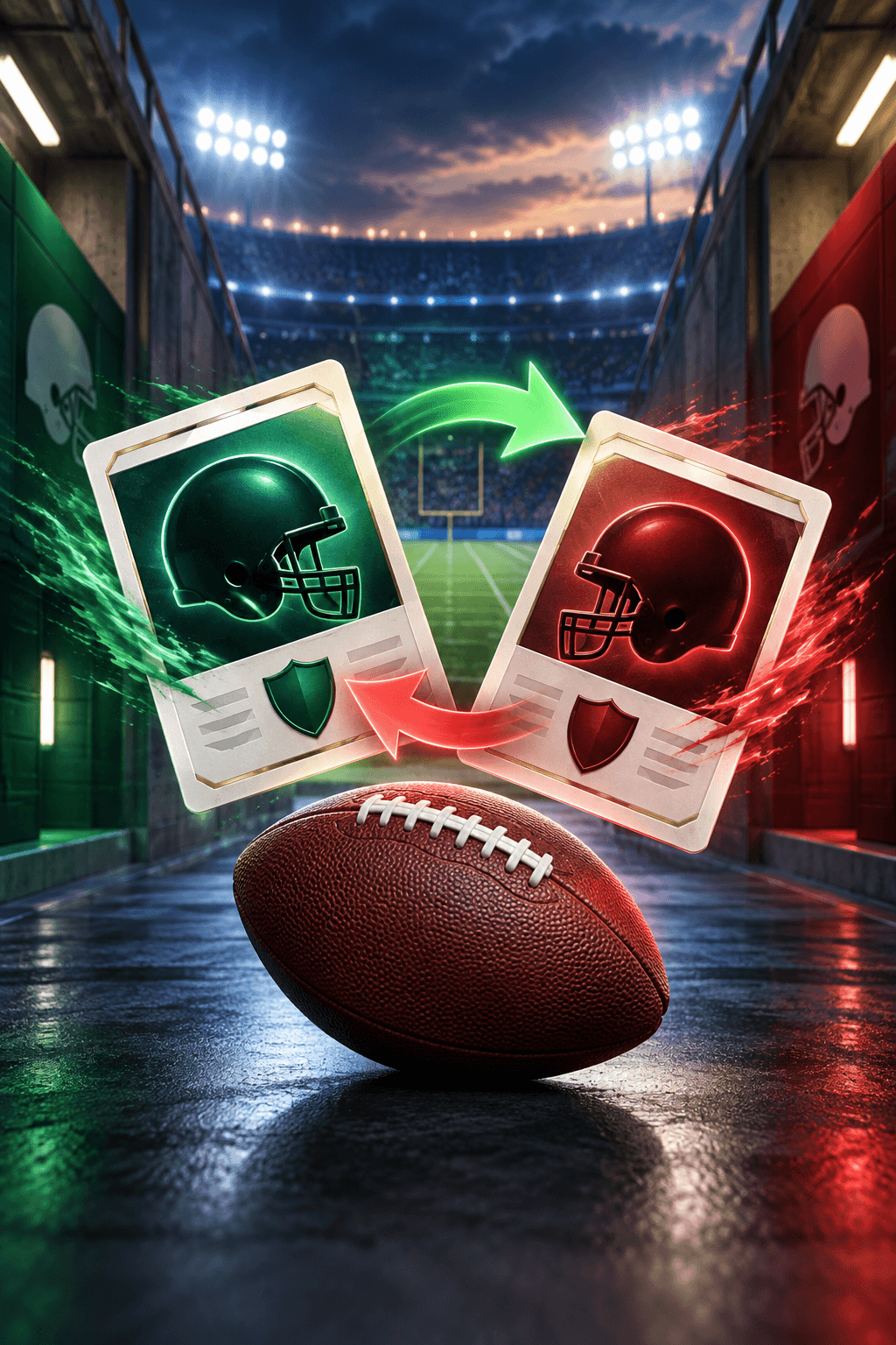 Digital football illustration in a stadium tunnel with two opposing roster cards and directional arrows suggesting a fantasy defense swap.
