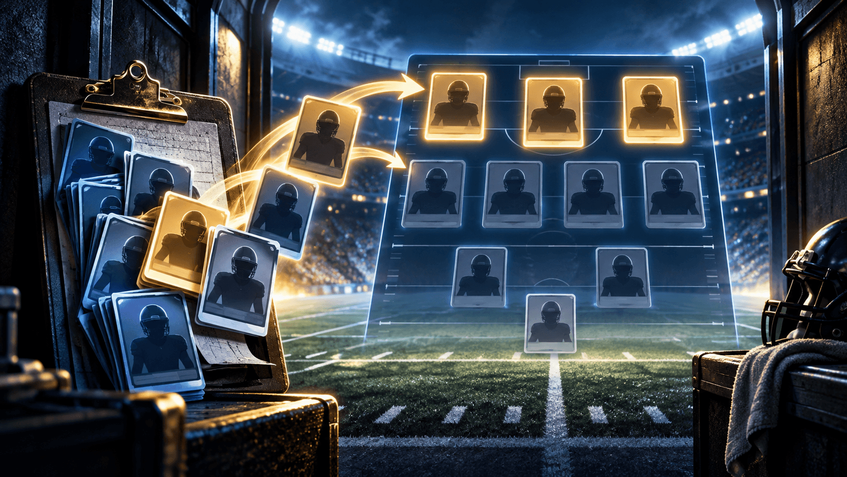 Editorial football illustration showing glowing player cards moving from a clipboard onto a starting lineup board in a stadium tunnel.