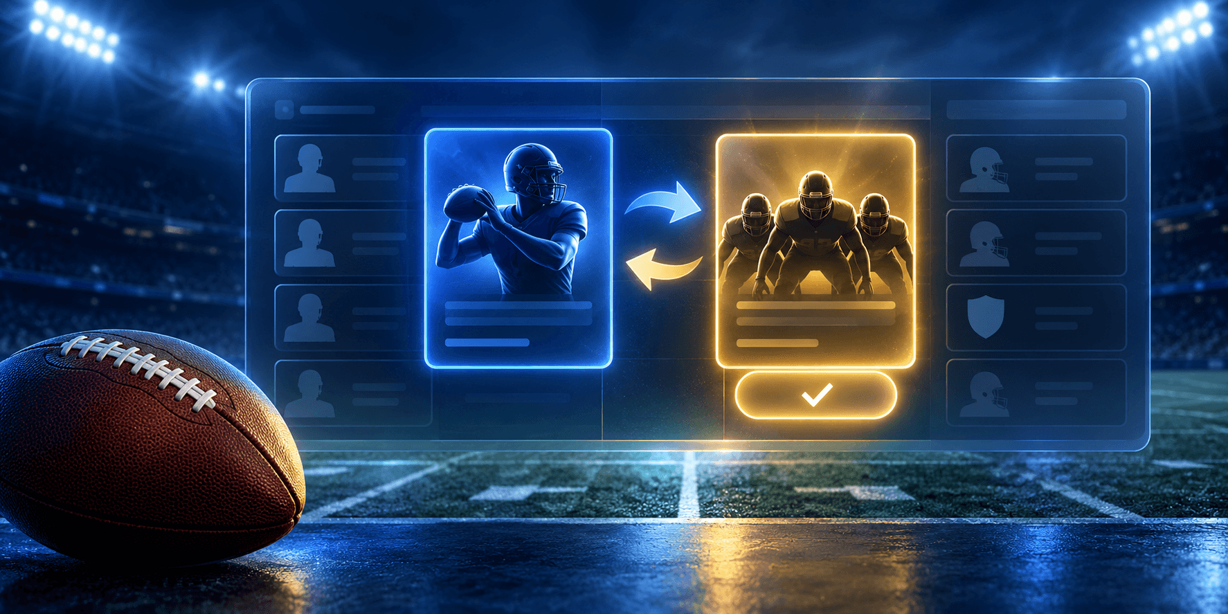 Editorial fantasy-football illustration of a glowing roster board showing a quarterback card and a defensive unit card in a blue-and-gold stadium setting, with exchange arrows and a confirmation mark.