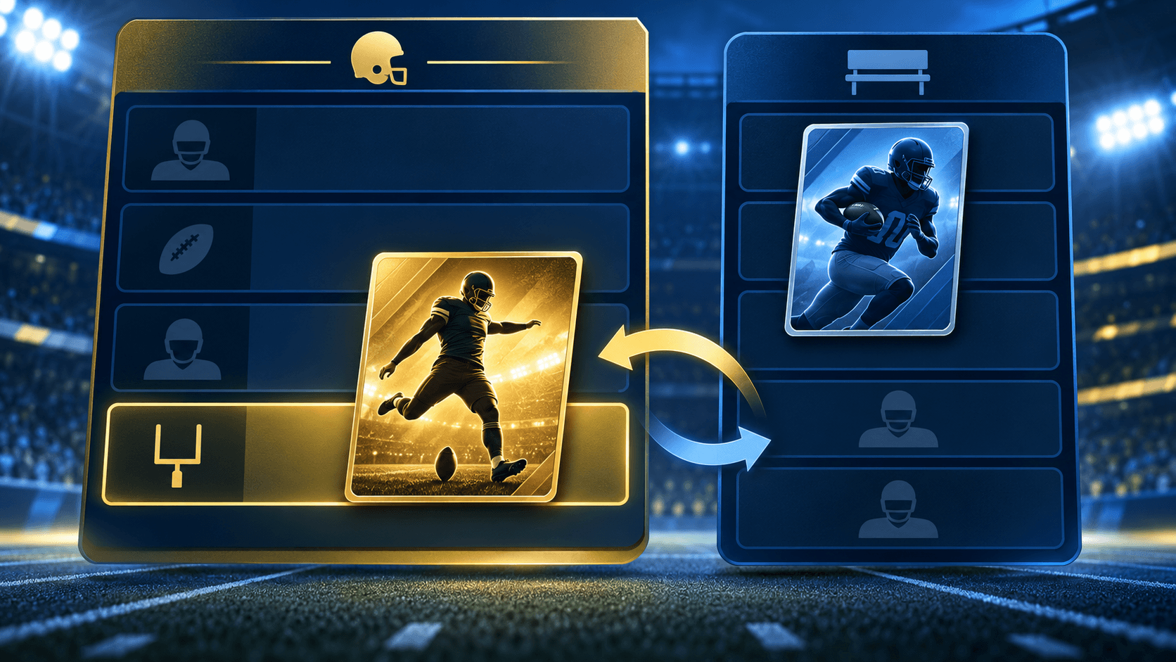 Blue-and-gold fantasy football roster boards show a kicker card in an active lineup slot, a receiver card on the bench, and exchange arrows between the boards.