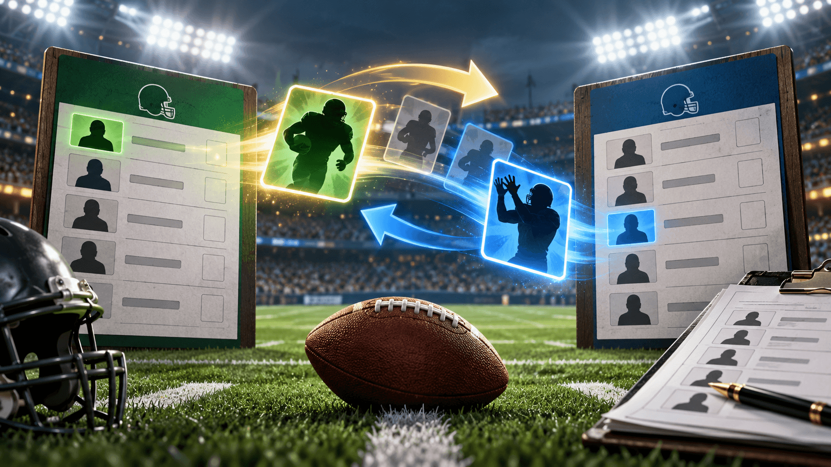 Editorial football illustration of glowing waiver claim cards moving between fantasy roster boards on a lit stadium field, with a football in the foreground.