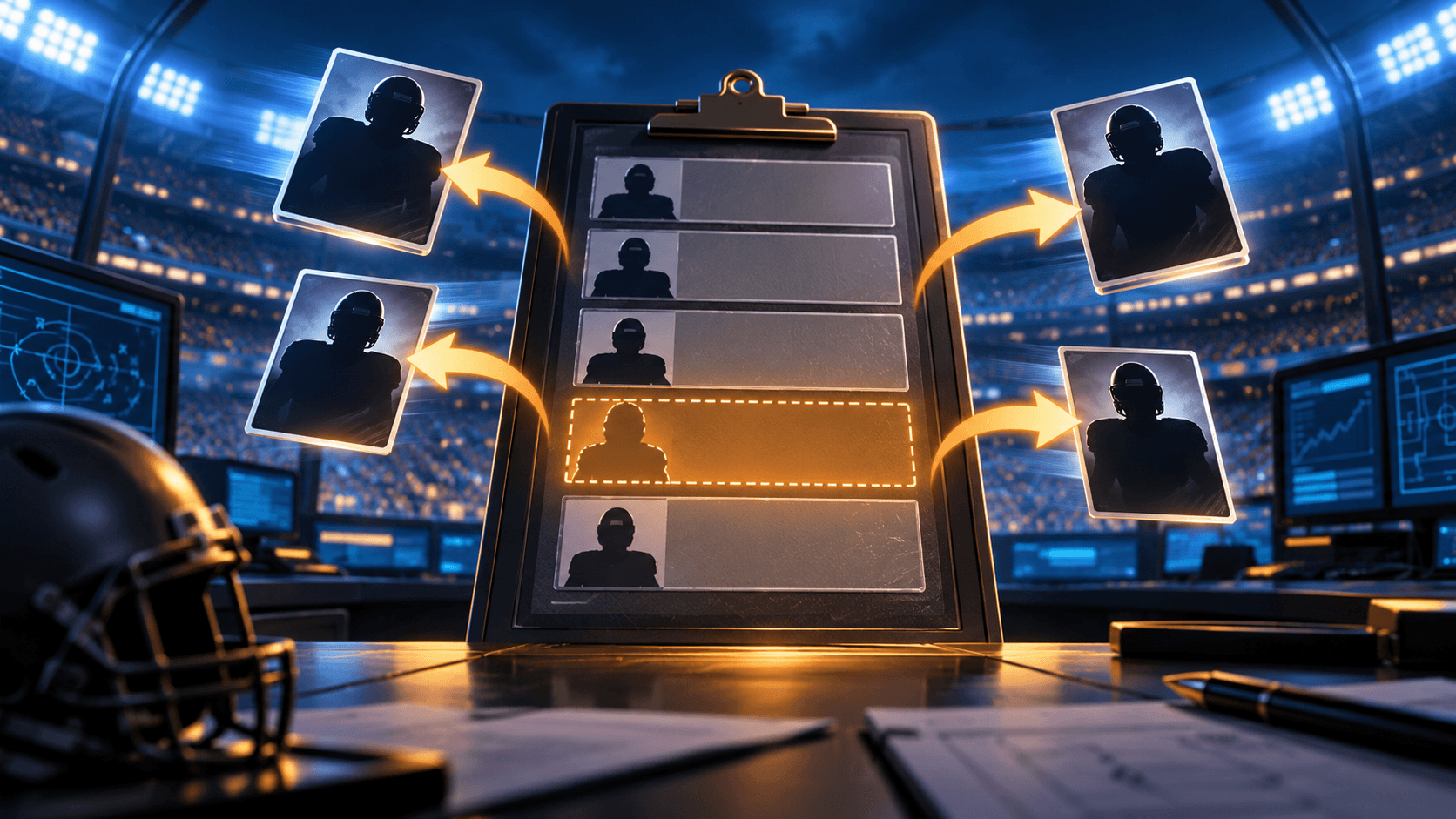 Editorial football illustration of a roster clipboard in a stadium control room with four generic player cards moving away and one empty starting slot highlighted in amber.