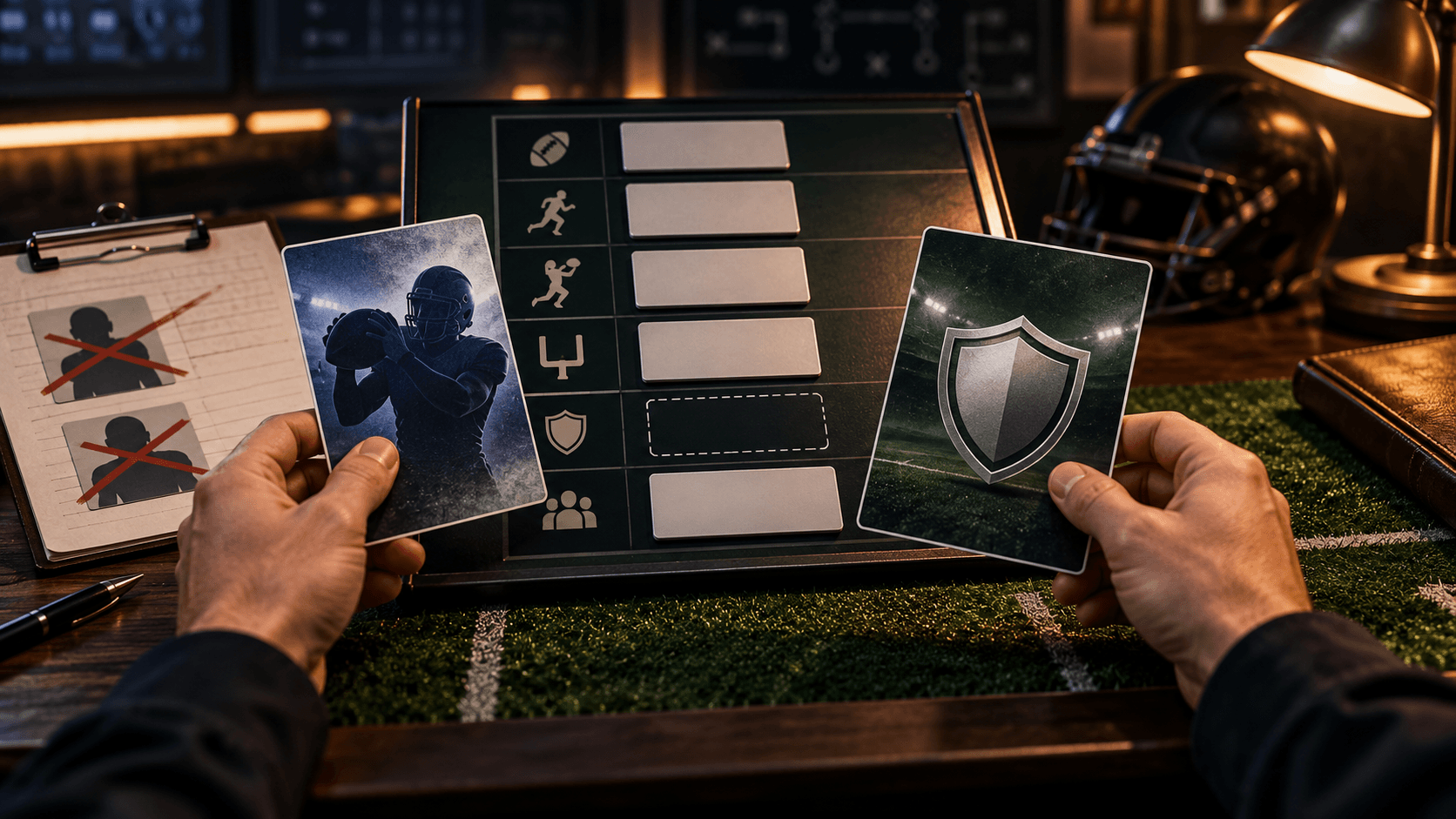 A fantasy football roster board with a tight end card and defense shield card in hand, an empty defense slot, and two crossed-off roster entries on a clipboard.