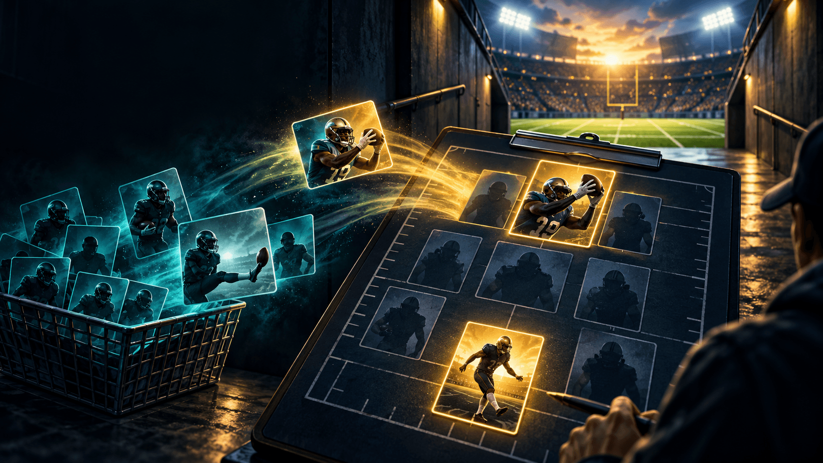 Cinematic fantasy football waiver-wire illustration with player cards moving from a basket onto highlighted active lineup slots on a clipboard beside a lit stadium field.
