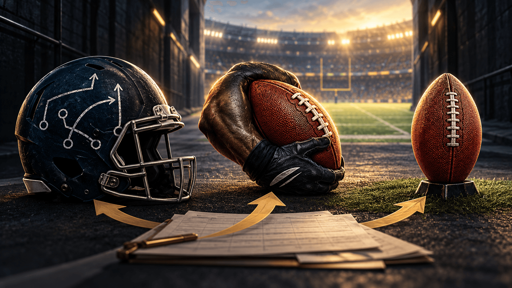 A football helmet, running back football and kicker football on a stadium field, connected by gold roster arrows and a paper lineup sheet.