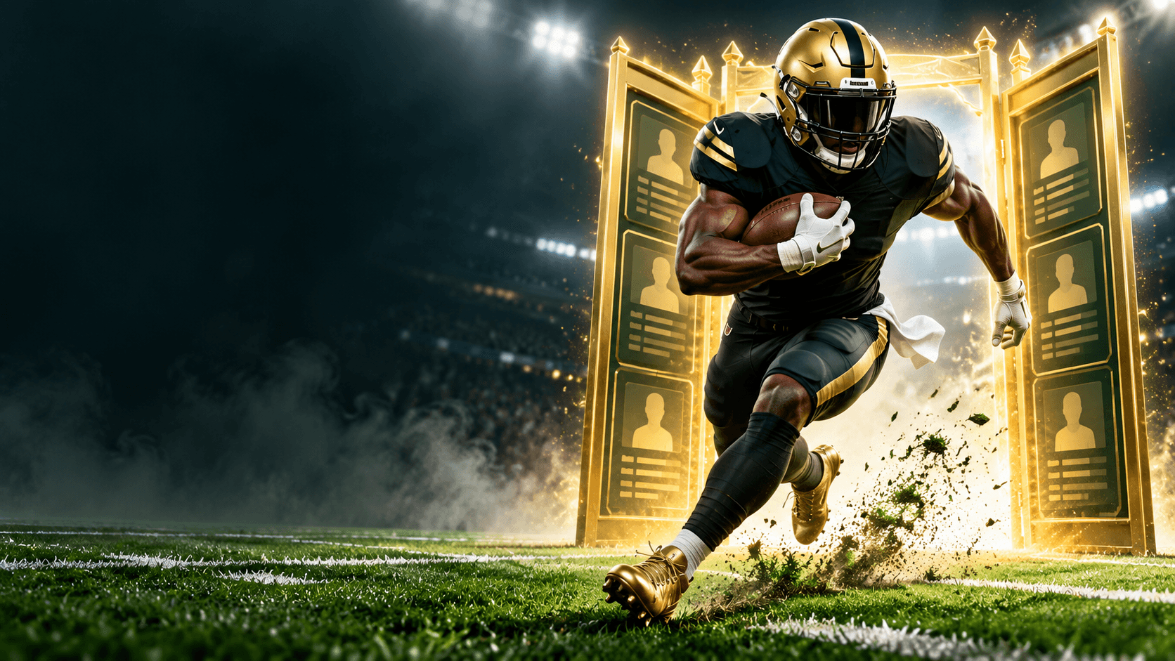 Editorial football illustration of a running back bursting through a glowing waiver-wire gate on a stadium field, with roster-card motifs behind him.