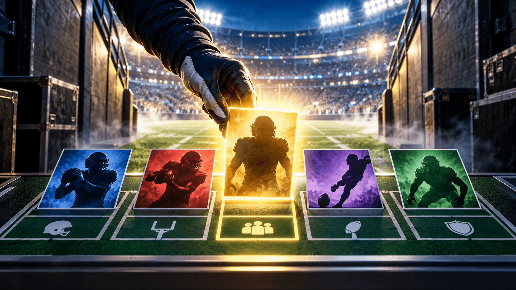 Editorial football illustration of a glowing player card being moved onto an active fantasy lineup board in a stadium tunnel.