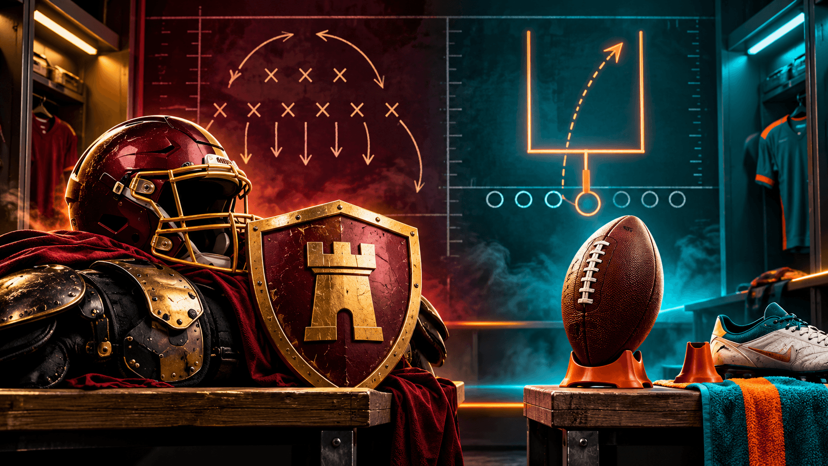 Text-free editorial football illustration split between a burgundy defensive helmet and a teal-and-orange kicking setup, with strategy diagrams and a football on a locker-room workbench.