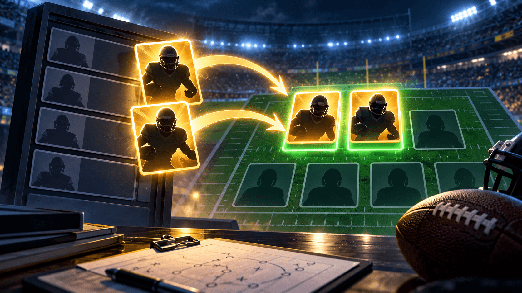 Editorial football illustration showing glowing player cards moving from a waiver board into starting lineup slots on a lit field.