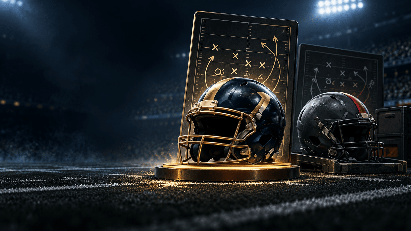 Two generic football helmets on a lit field beside contrasting play diagrams, suggesting a starter defense choice and a bench option.