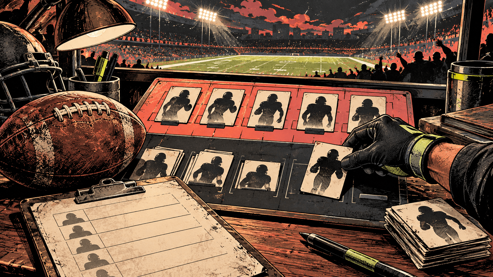 A gloved hand rearranges football player cards on a roster board beside a football, overlooking a floodlit stadium.