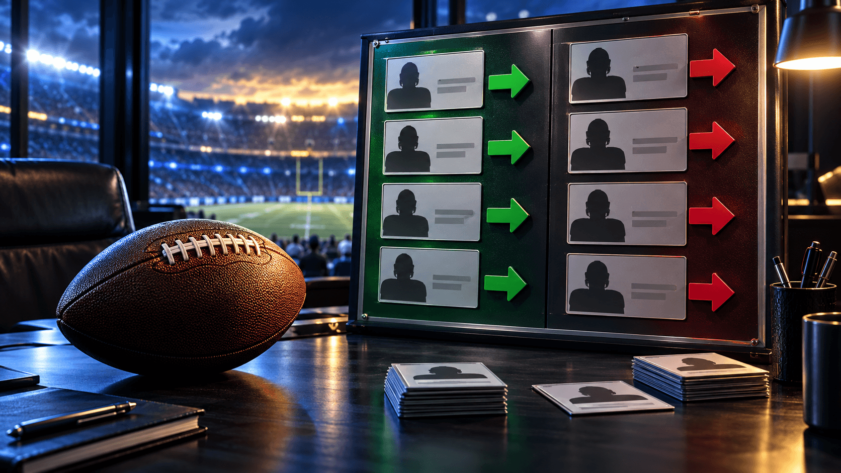 A football rests beside a glowing roster board with blank player silhouettes and green and red add-drop arrows in a stadium-lit newsroom.