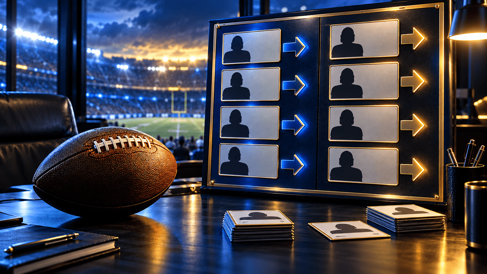A football and a blue-and-gold fantasy roster board overlooking a lit stadium, with blank player cards and no text.